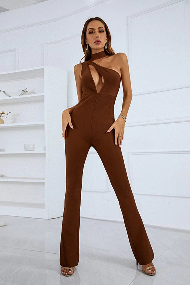 Rose Brown Cutout Bandage Jumpsuit