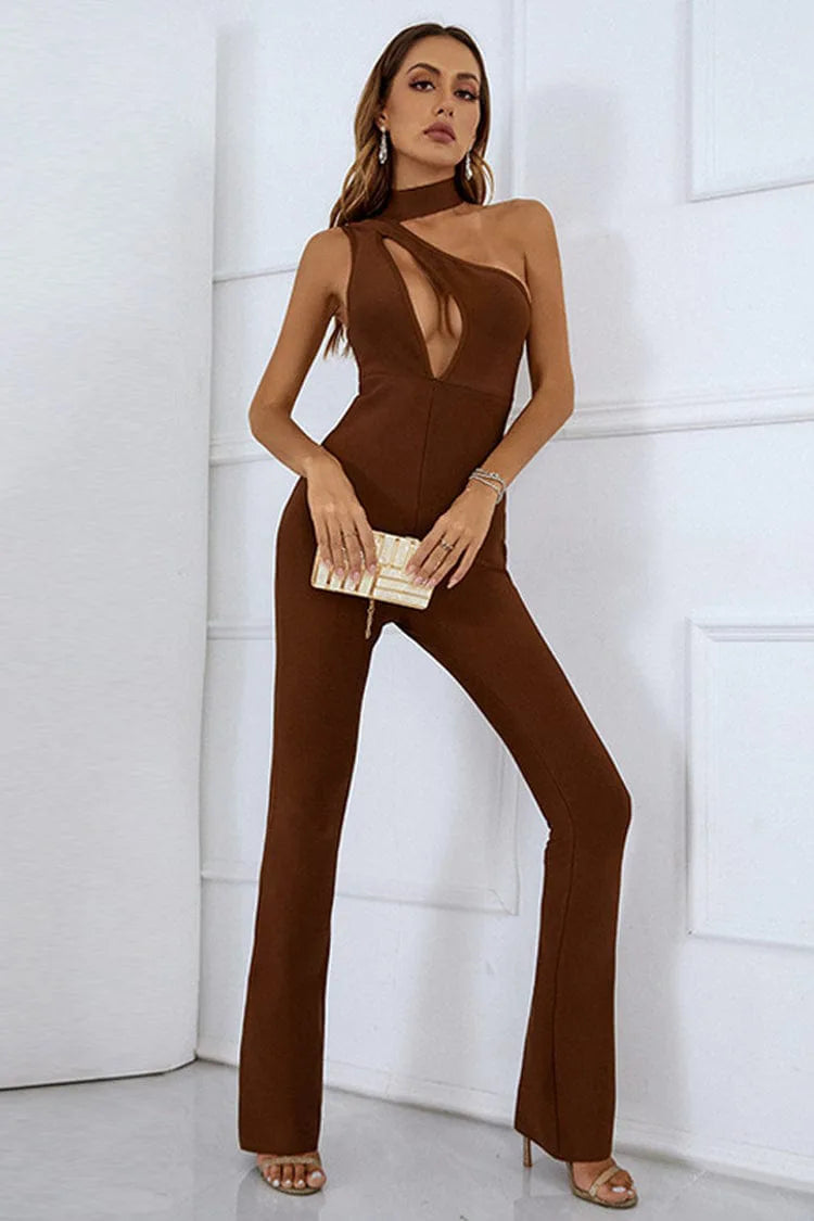 Rose Brown Cutout Bandage Jumpsuit